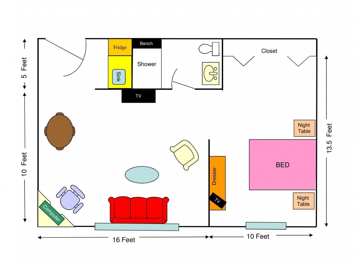 A floor plan showing the layout of a living room, kitchen, and bedroom with arranged furniture.