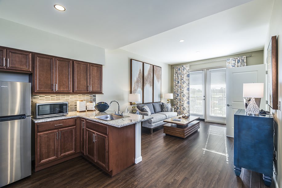 A modern apartment featuring an open floor plan with a kitchen and living room, showcasing wood flooring and contemporary decor.