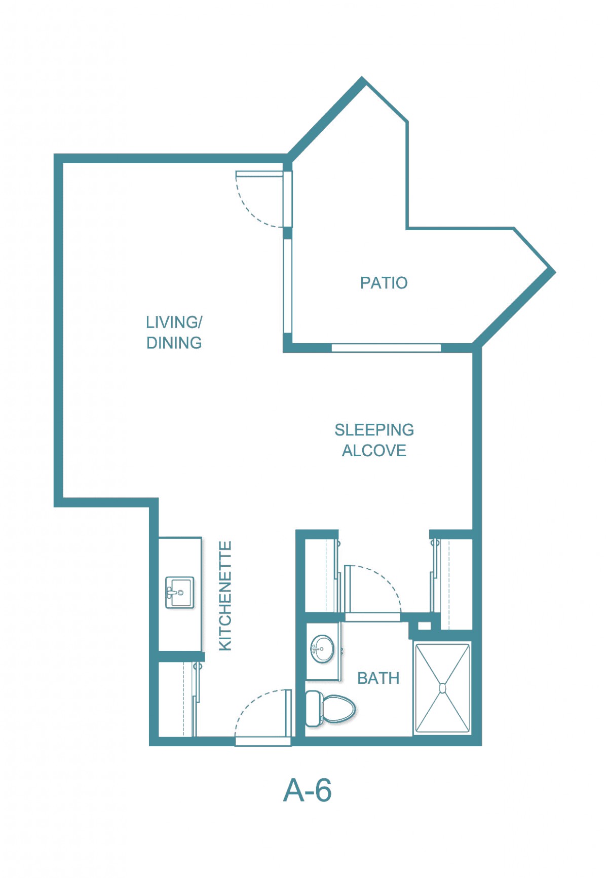 A floor plan of a studio apartment with living/dining area, sleeping alcove, bathroom, closet space, and patio.