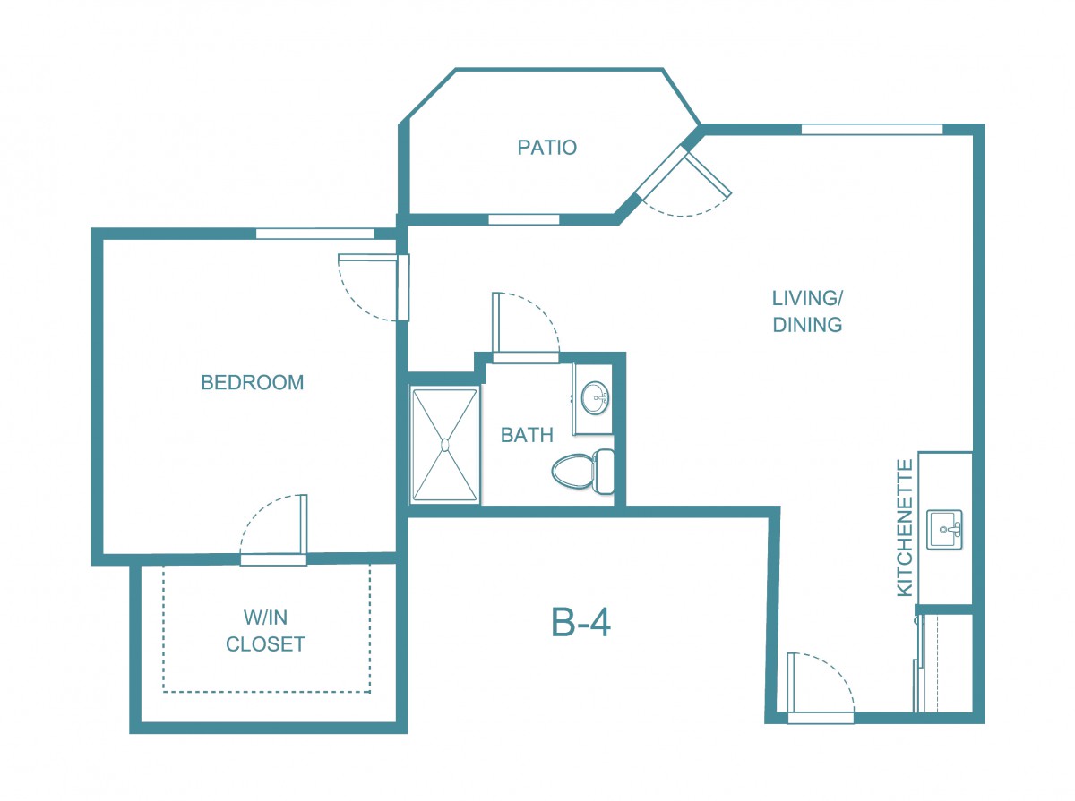 One-bedroom apartment floor plan with a living/dining area, bathroom, walk-in closet, and patio.