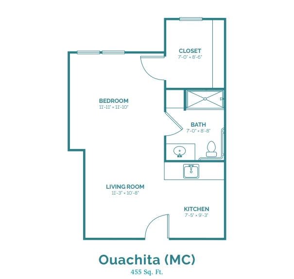 Ouachita (MC) one-bedroom apartment floor plan with labeled rooms.