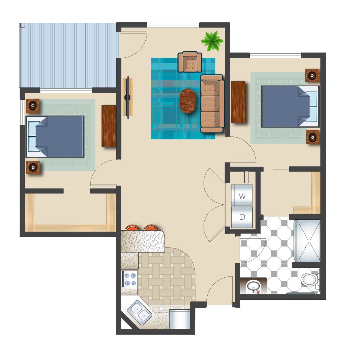 A two-bedroom apartment floor plan with a living room, kitchen, and bathroom.