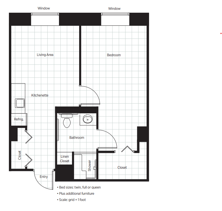 This image is a floor plan layout of a one-bedroom apartment featuring kitchen and bathroom areas.