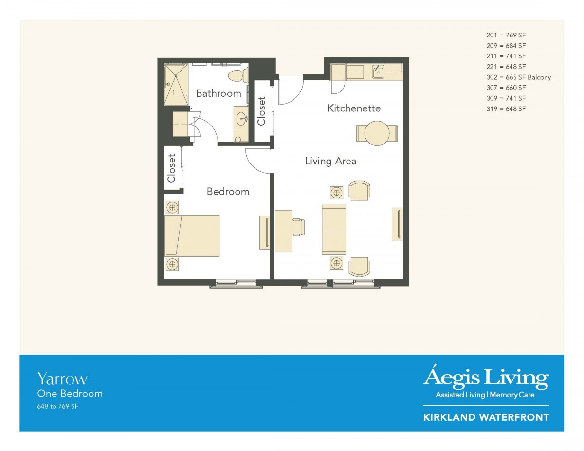 A floor plan layout for a one-bedroom apartment including living area, bathroom, and kitchen.