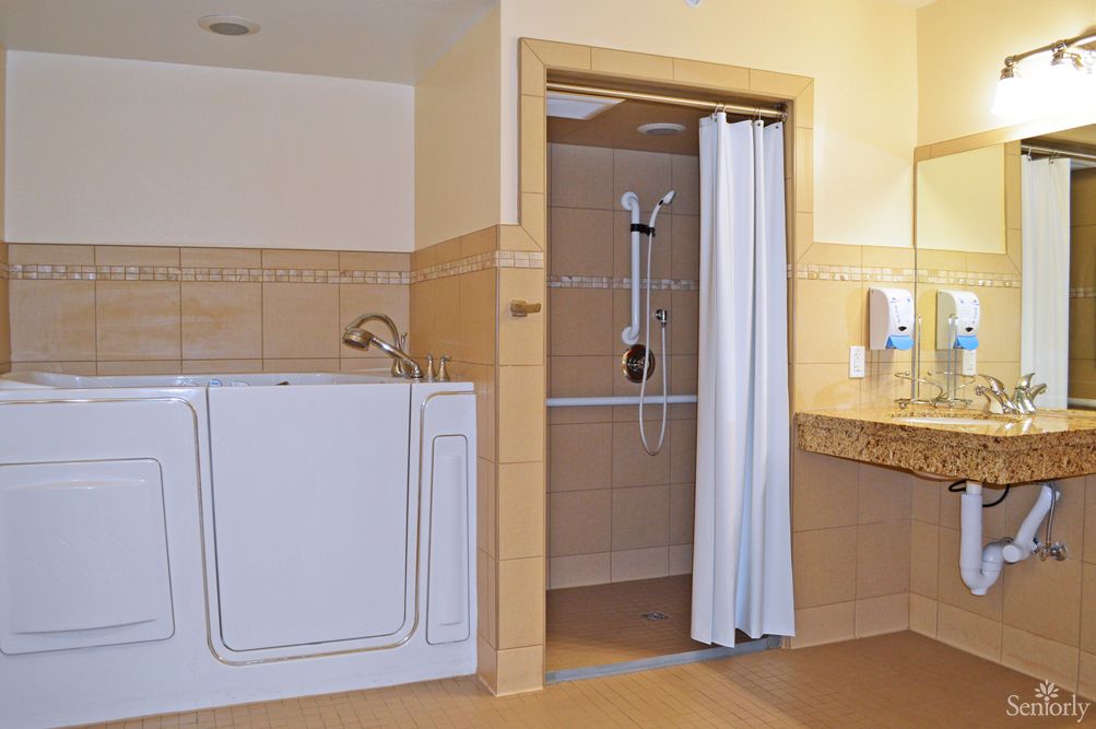 An accessible bathroom featuring a walk-in bathtub and a shower with a curtain.