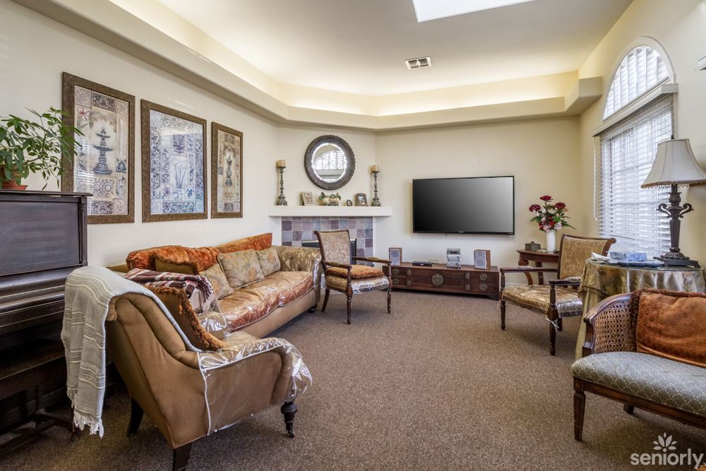 A cozy living room with elegant furniture and decor, featuring a sofa, chairs, and a TV.