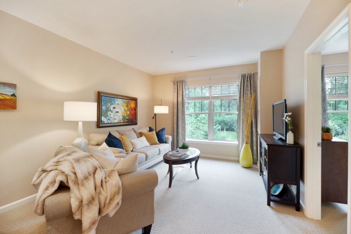 A cozy living room with a comfortable sofa, decorative artwork, and a large window.