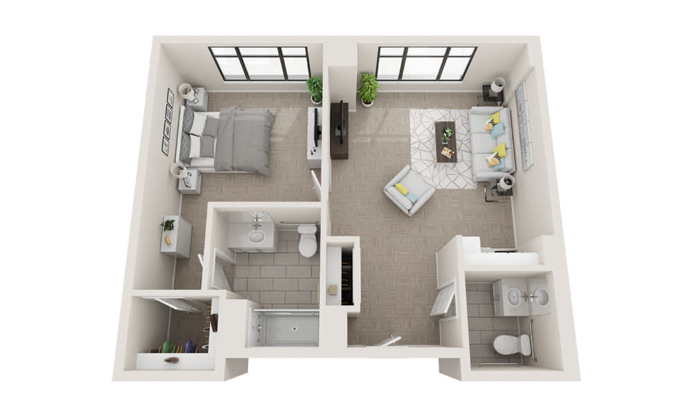 A 3D floor plan of a one-bedroom apartment featuring a living room, kitchen, and bathroom.