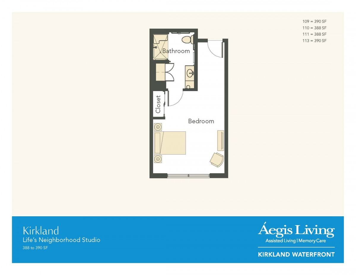 Studio apartment floor plan layout.