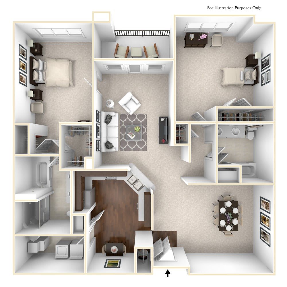 A 3D rendered floor plan of an apartment featuring multiple rooms, including a kitchen, living area, and bedrooms.