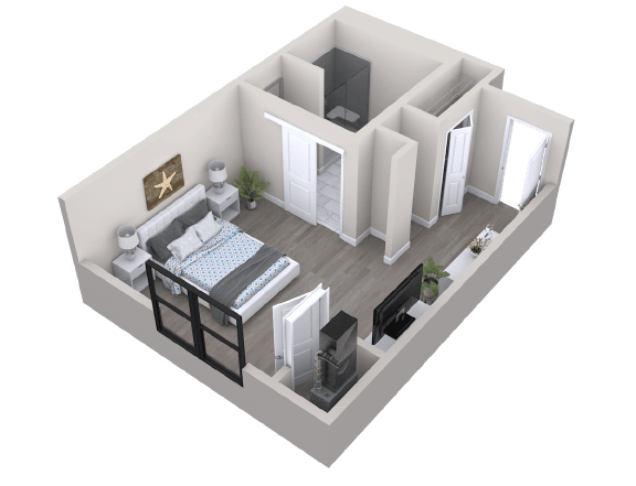 3D floor plan of a modern bedroom layout.