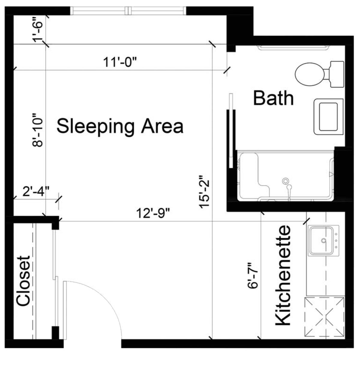 Floor plan of a studio apartment with sleeping area, bath, kitchenette, and closet.