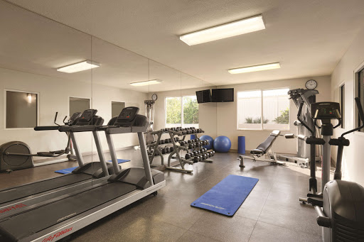 A well-equipped gym featuring treadmills, weights, and an open workout space.