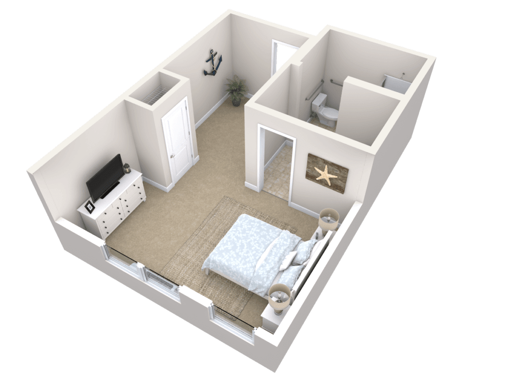 A 3D floor plan of a compact bedroom with an adjoining bathroom.
