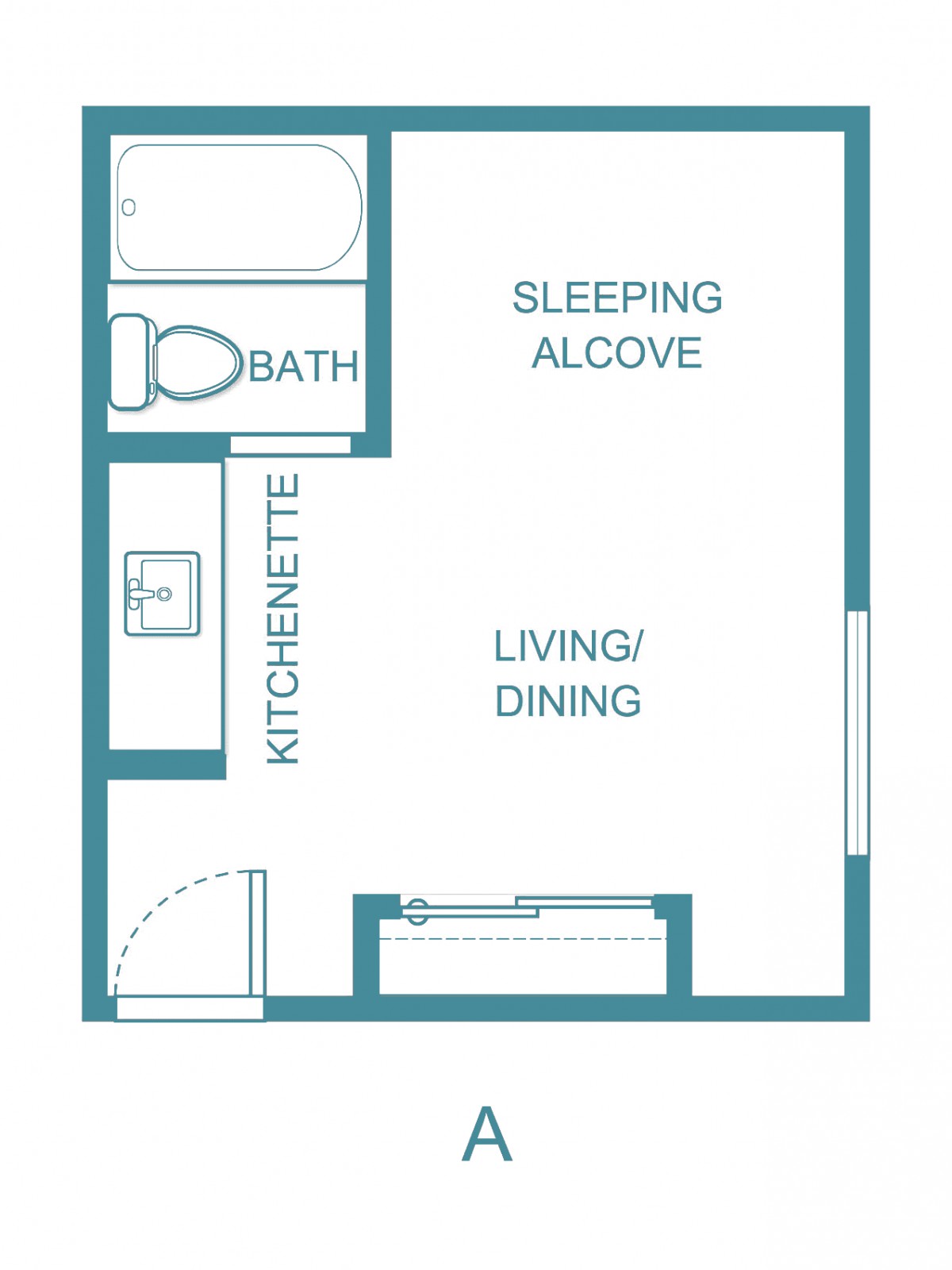 Studio apartment floor plan with kitchenette, living/dining area, sleeping alcove, and bathroom.