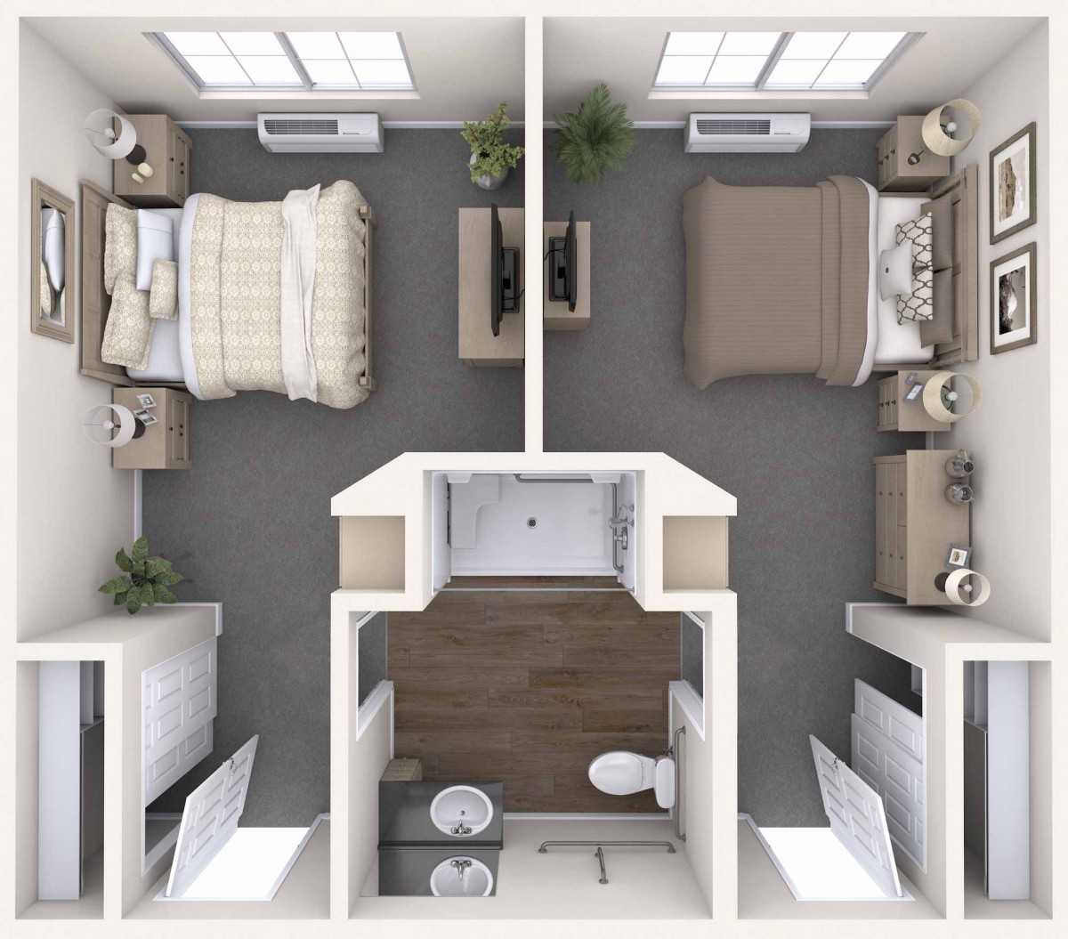 A top-down view of a two-bedroom apartment layout with a shared bathroom.