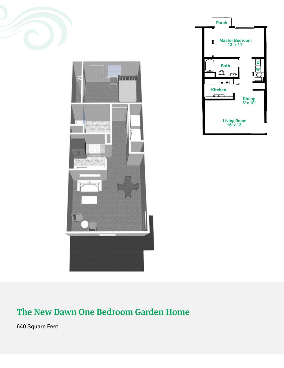 3D floor plan of the Hera Series one-bedroom garden home.