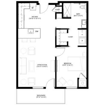 A floor plan illustrating a one-bedroom apartment layout with kitchen, living room, and bathroom.