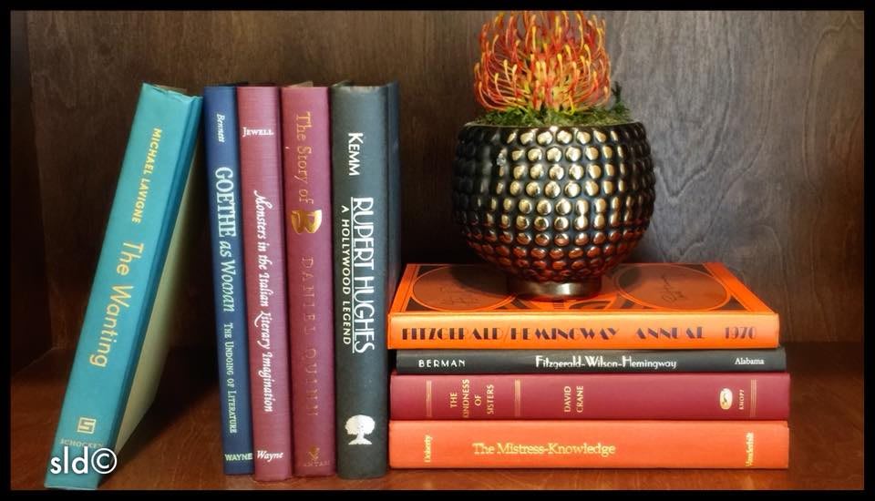 A bookshelf lined with assorted books, accompanied by a decorative plant in a textured pot.