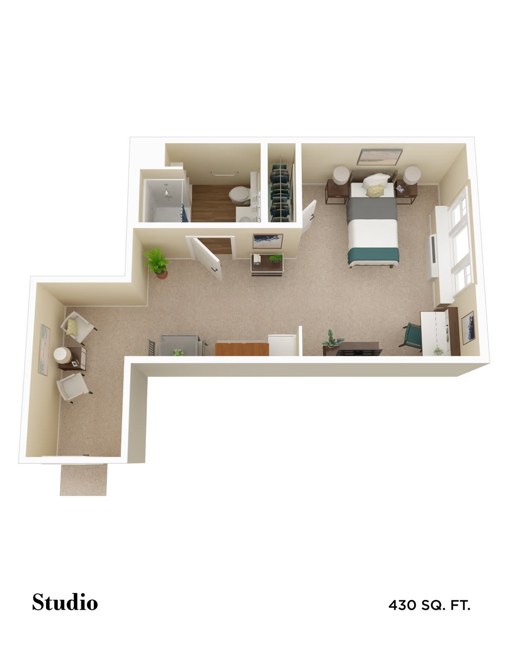 A 3D floor plan of a one-bedroom apartment showing the layout of the rooms.
