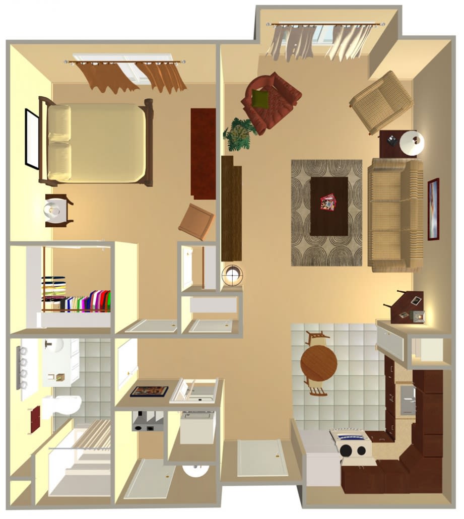 A detailed floor plan of an apartment showing the layout of rooms and furniture.