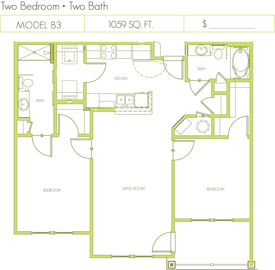 A floor plan of a two-bedroom, two-bath apartment with a kitchen and living area.