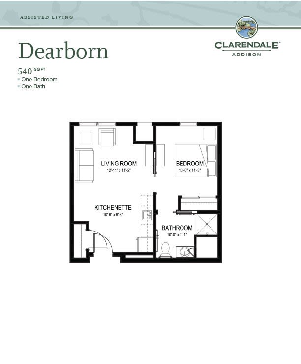 A floor plan for a one-bedroom apartment with living room, kitchen, and bathroom.