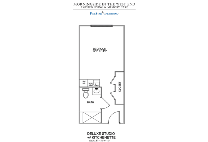 Studio apartment floor plan layout.
