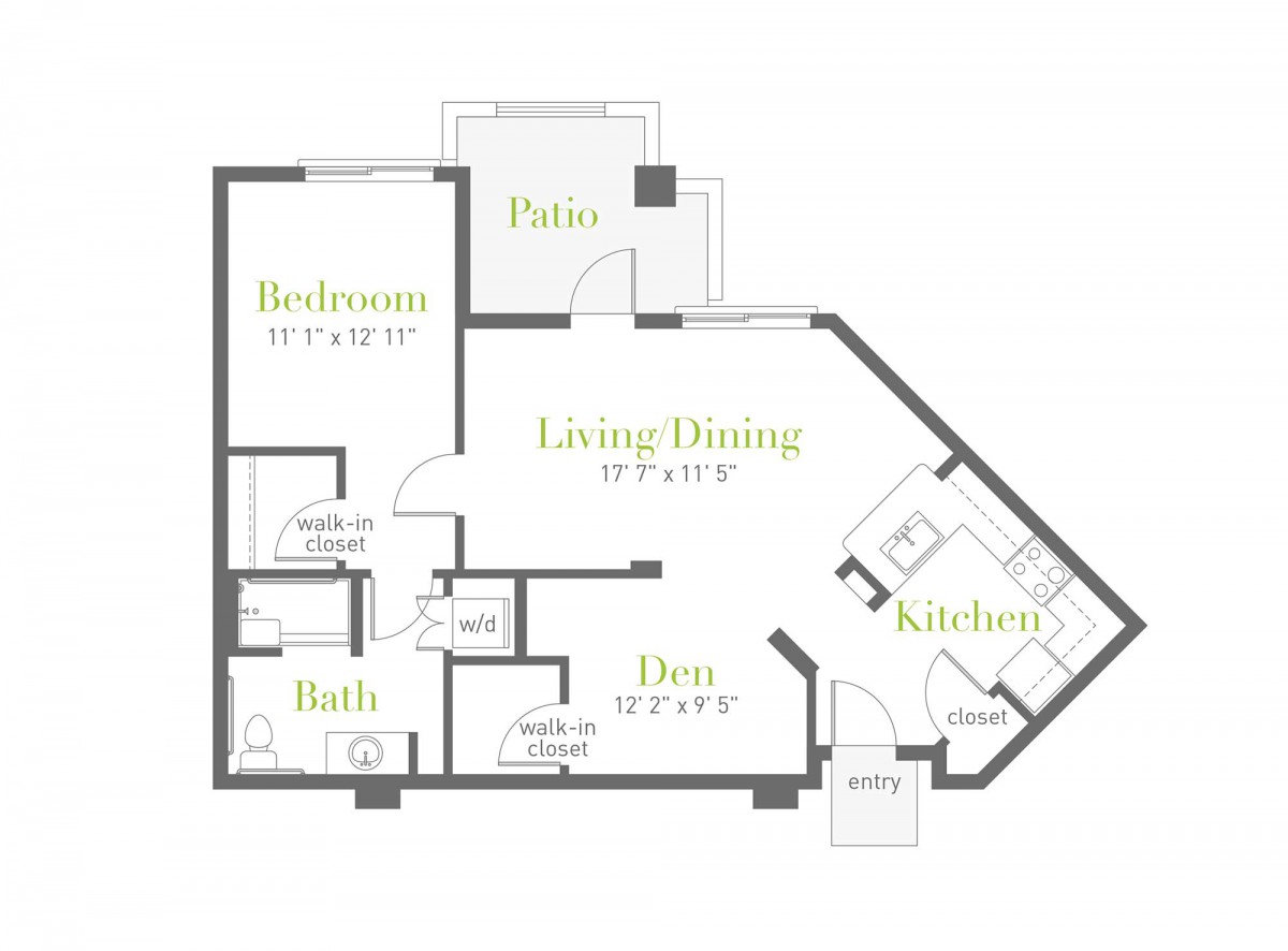 A floor plan of an apartment showing the layout of rooms, including a bedroom, bathroom, kitchen, living/dining area, and patio.