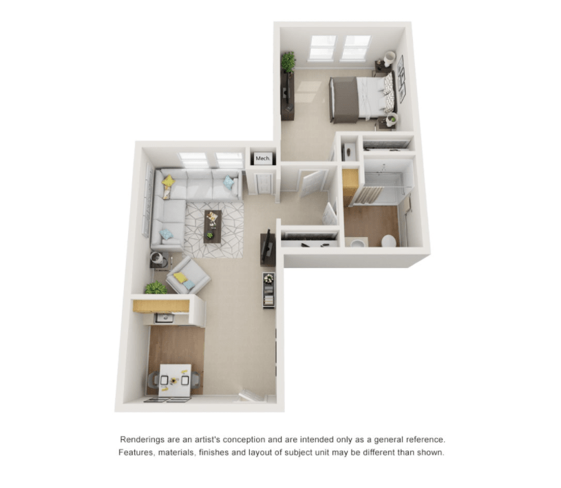 A 3D floor plan of a compact apartment featuring one bedroom, a bathroom, and an open kitchen-living area.