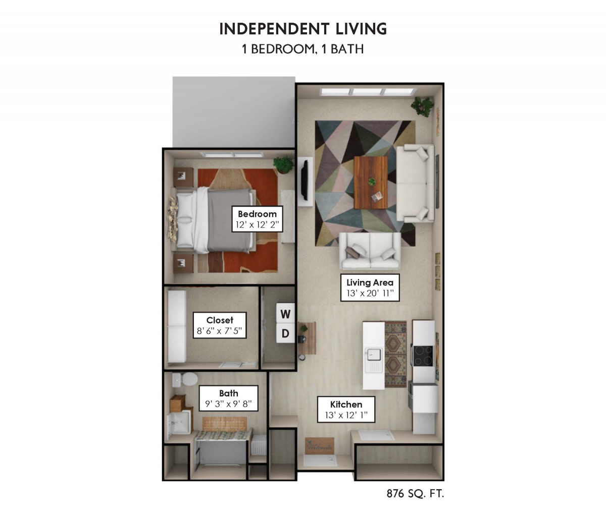 A floor plan of an independent living apartment featuring one bedroom, one bathroom, a kitchen, and a living room.