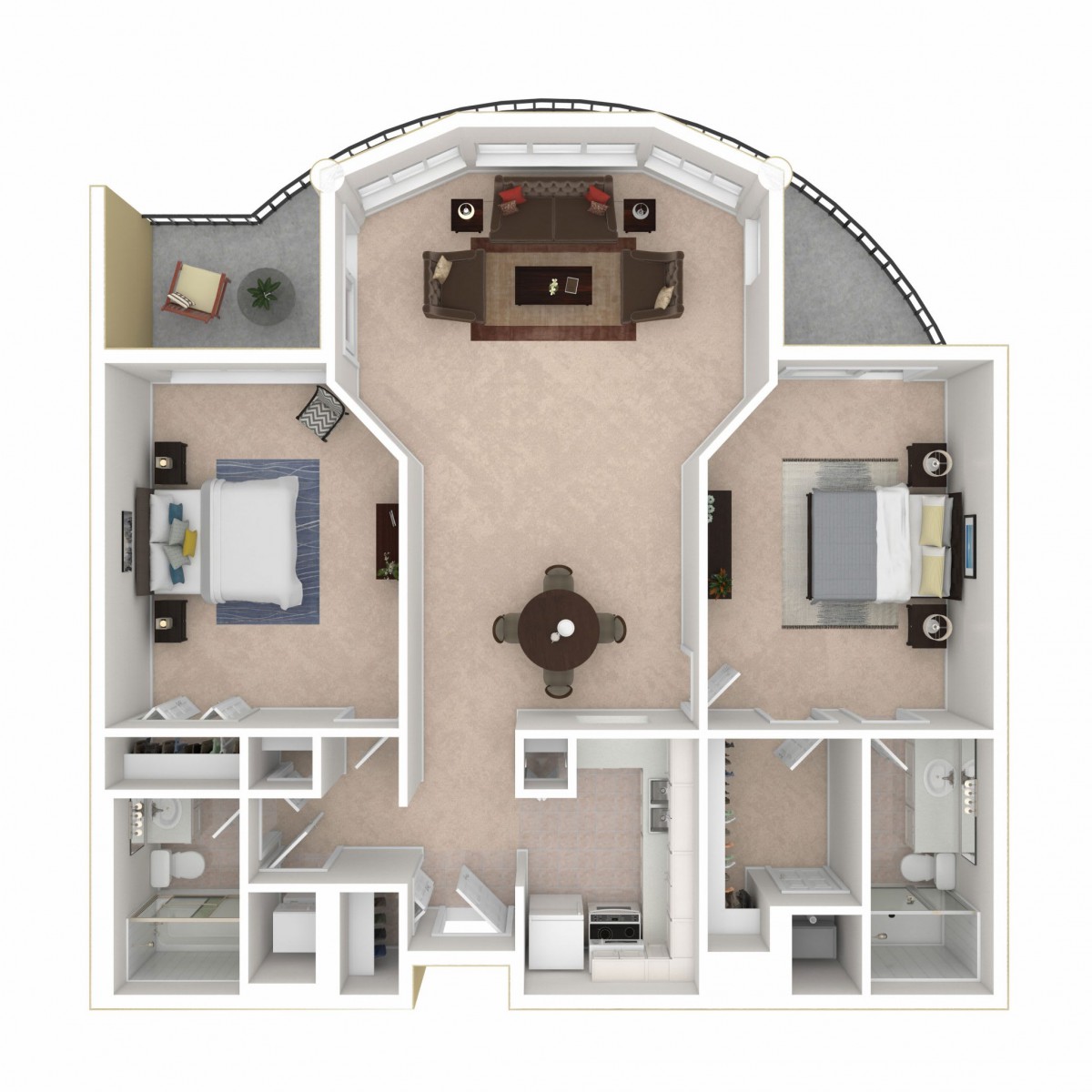 A floor plan of a two-bedroom apartment layout with a living room, kitchen, and bathroom.