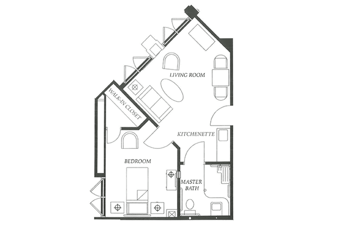 A floor plan illustration of a one-bedroom apartment featuring a living room, kitchen, and bathroom.