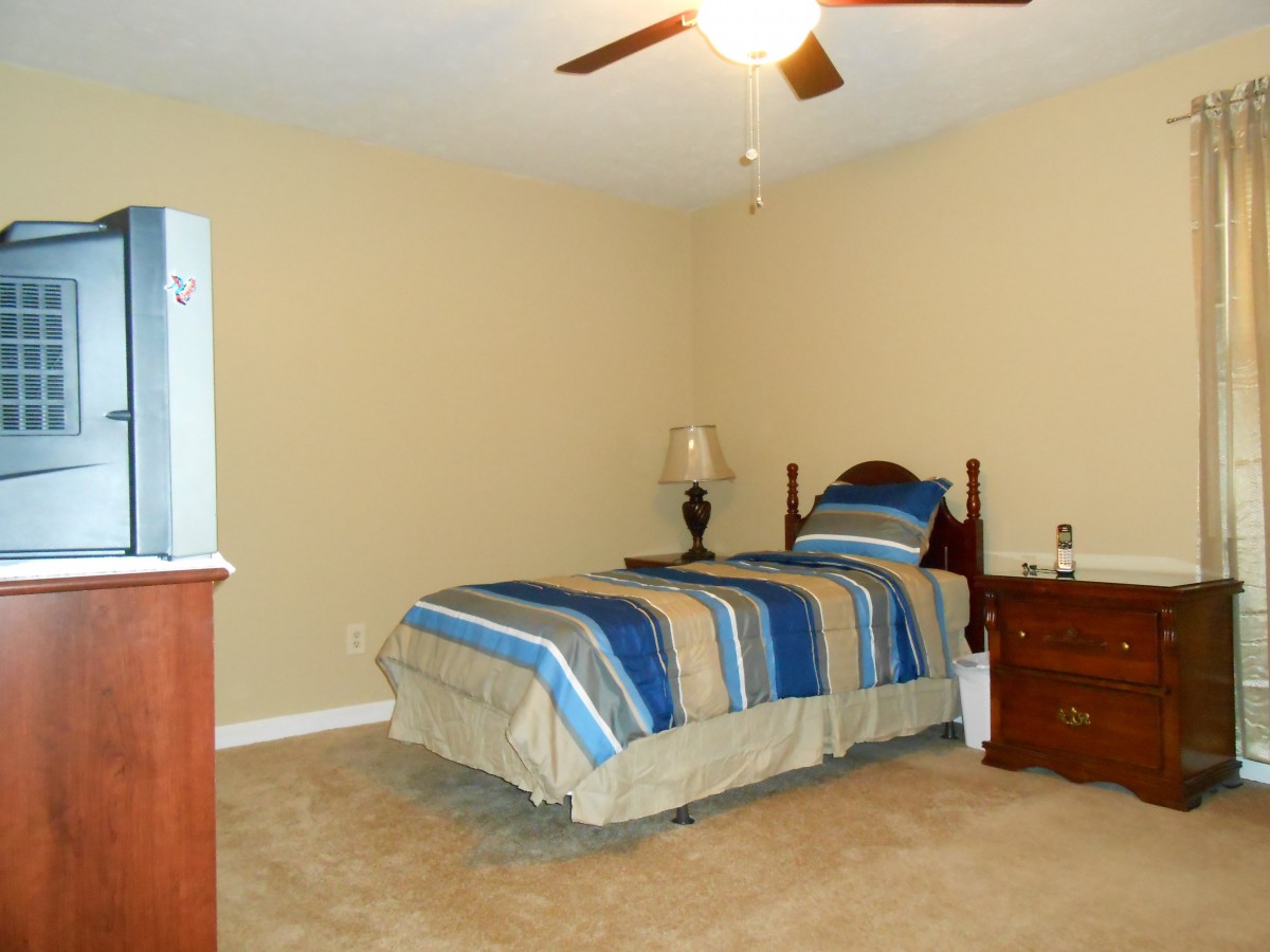 A cozy bedroom with a single bed, lamp, and ceiling fan.