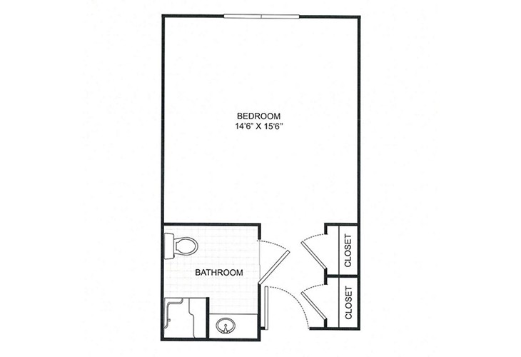 A floor plan of a studio apartment featuring a large bedroom area, bathroom, and closet space.