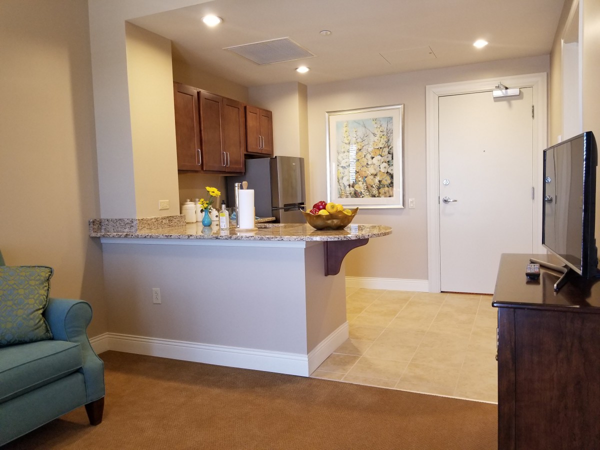 A modern kitchen interior with wooden cabinetry and a countertop featuring a fruit bowl.