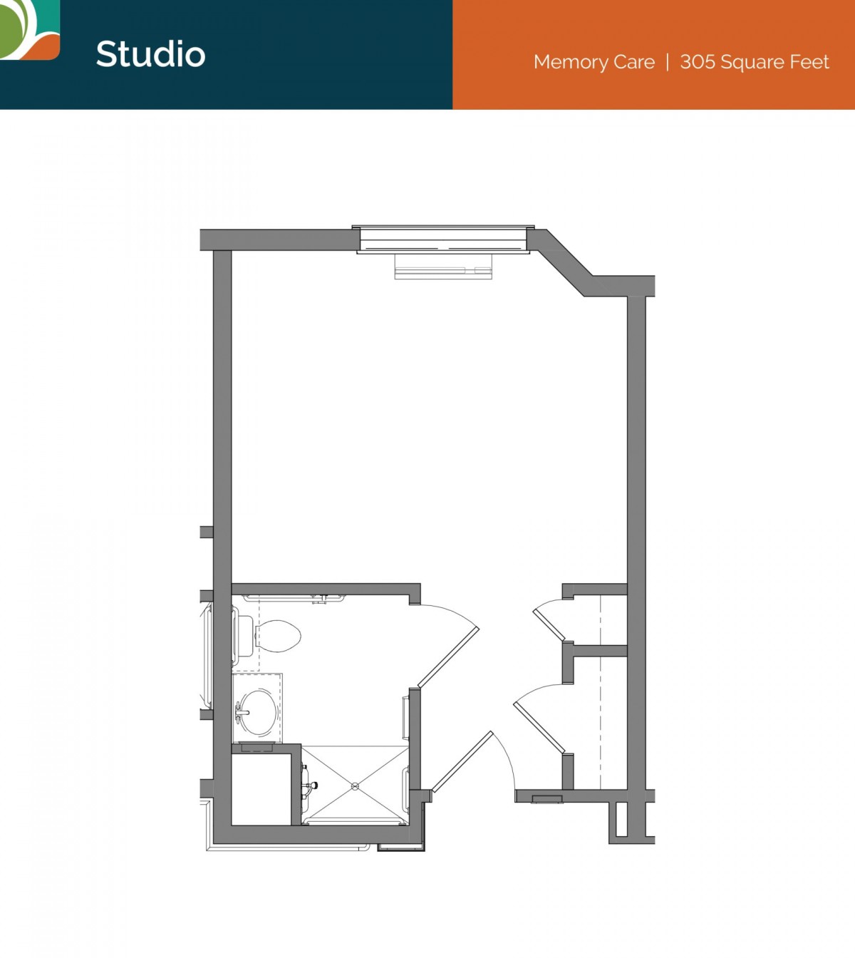Studio apartment floor plan layout.