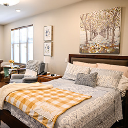 A beautifully styled bedroom featuring a cozy bed with patterned bedding and natural light streaming through the windows.