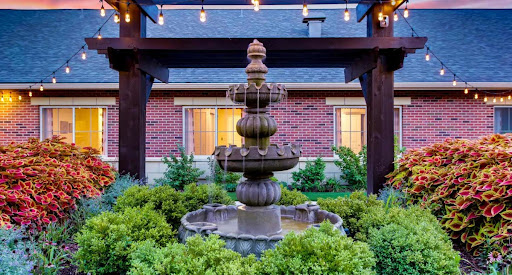 A beautifully designed fountain surrounded by lush greenery, illuminated in the evening.