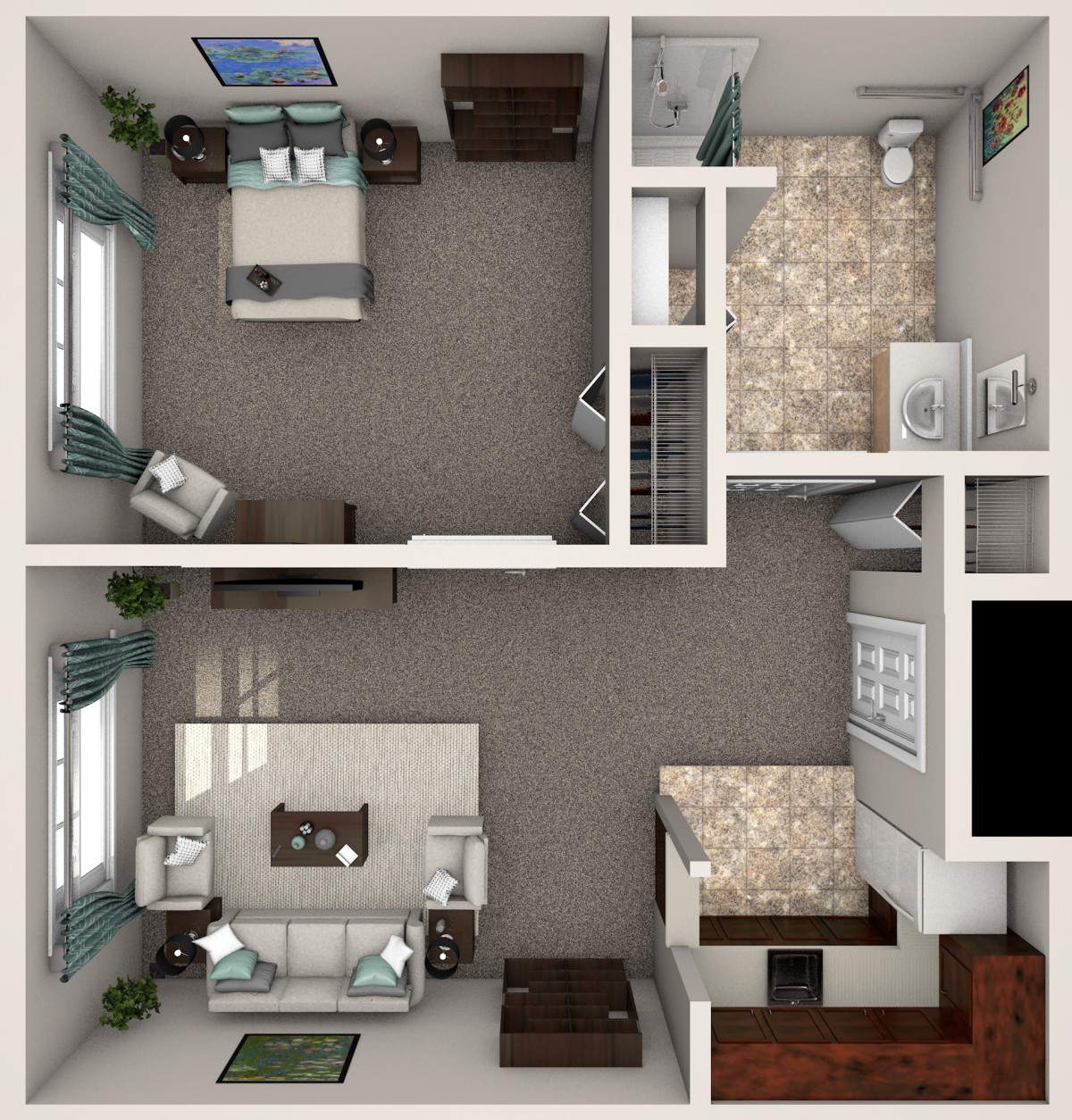 A detailed floor plan of a one-bedroom apartment featuring a kitchen, living room, and bathroom.