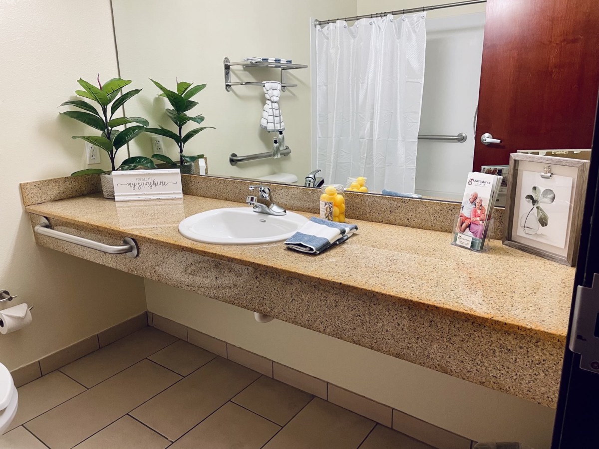 A tidy bathroom with a sink, countertop, and decorative plants.