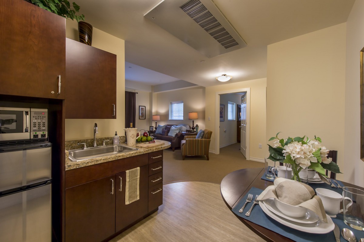 A cozy apartment interior showcasing an open-plan kitchen and living area.