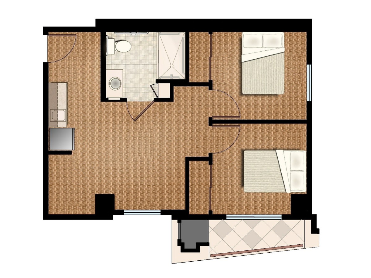 A floor plan of an apartment with two bedrooms, a living area, kitchen, and bathroom.
