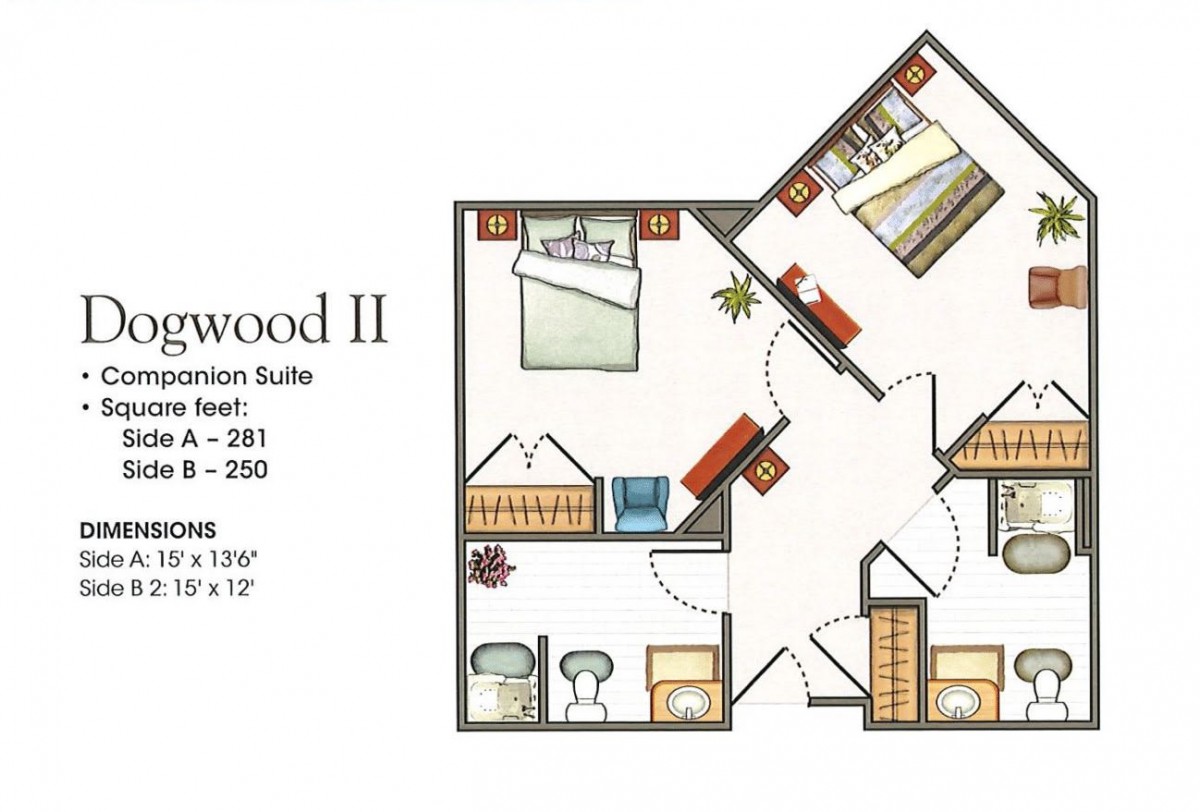 A floor plan of a two-bedroom suite featuring designated areas for bedrooms, bathrooms, and common living space.