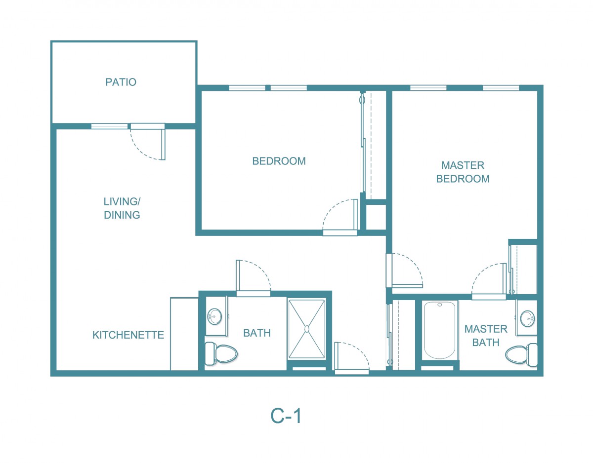 C-1 floor plan showing a two-bedroom apartment layout with living/dining area, master bedroom, and two bathrooms.