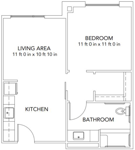 A simple floor plan featuring a living area, bedroom, bathroom, and kitchen.
