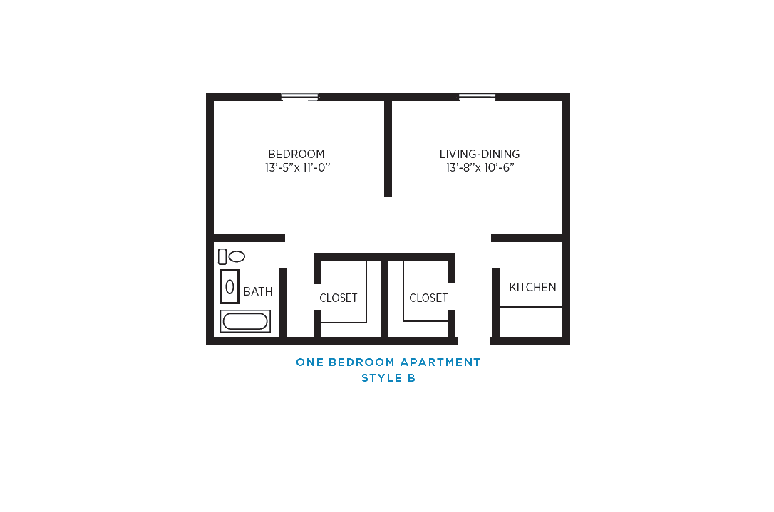 Floor plan of a two-bedroom apartment, Style B.