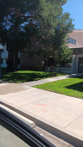 A view of a well-maintained lawn and sidewalk in front of a modern building.