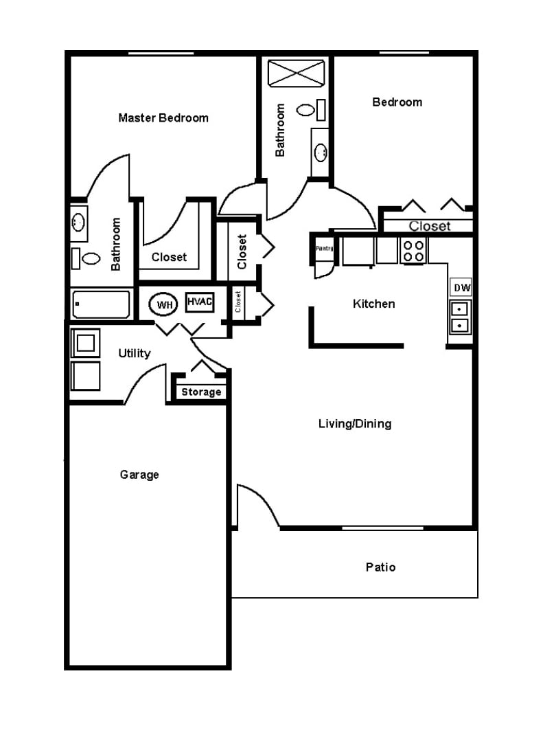 A floor plan illustrating a two-bedroom house layout with living room, kitchen, dining area, garage, and patio.