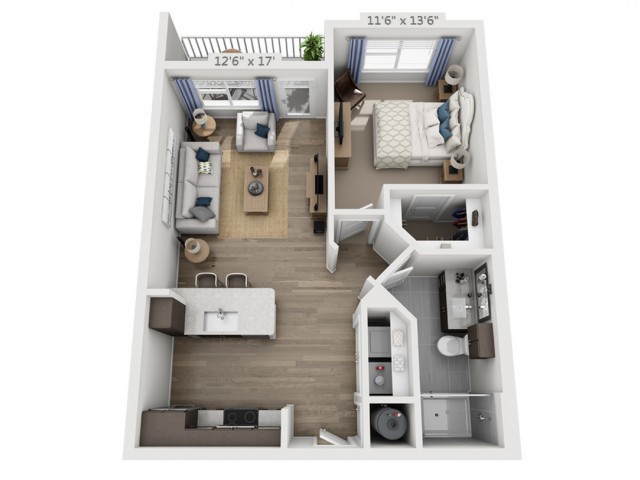 A 3D floor plan of a one-bedroom apartment featuring a living room, kitchen, bathroom, and balcony.